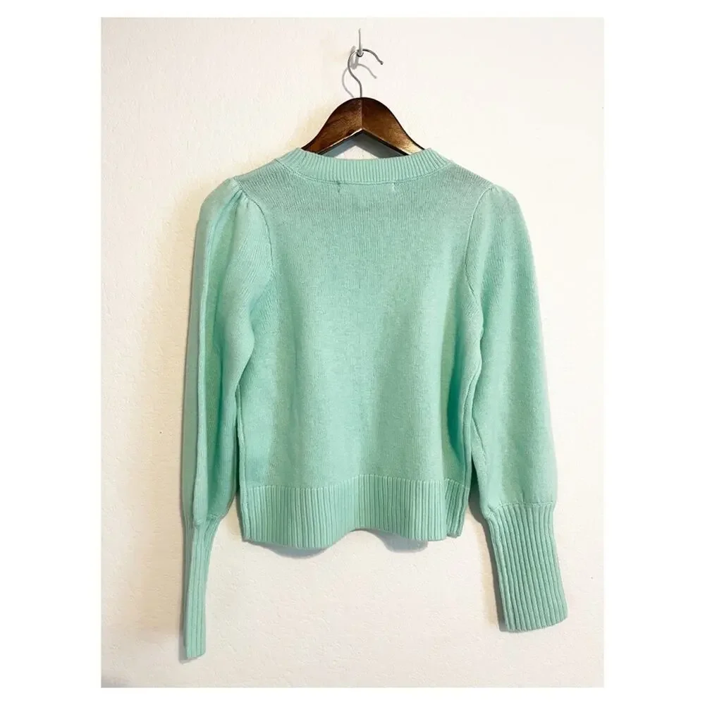 Hill House Sylvie Cropped Knit Merino Wool Sweater Puff Sleeve Mint Green XS